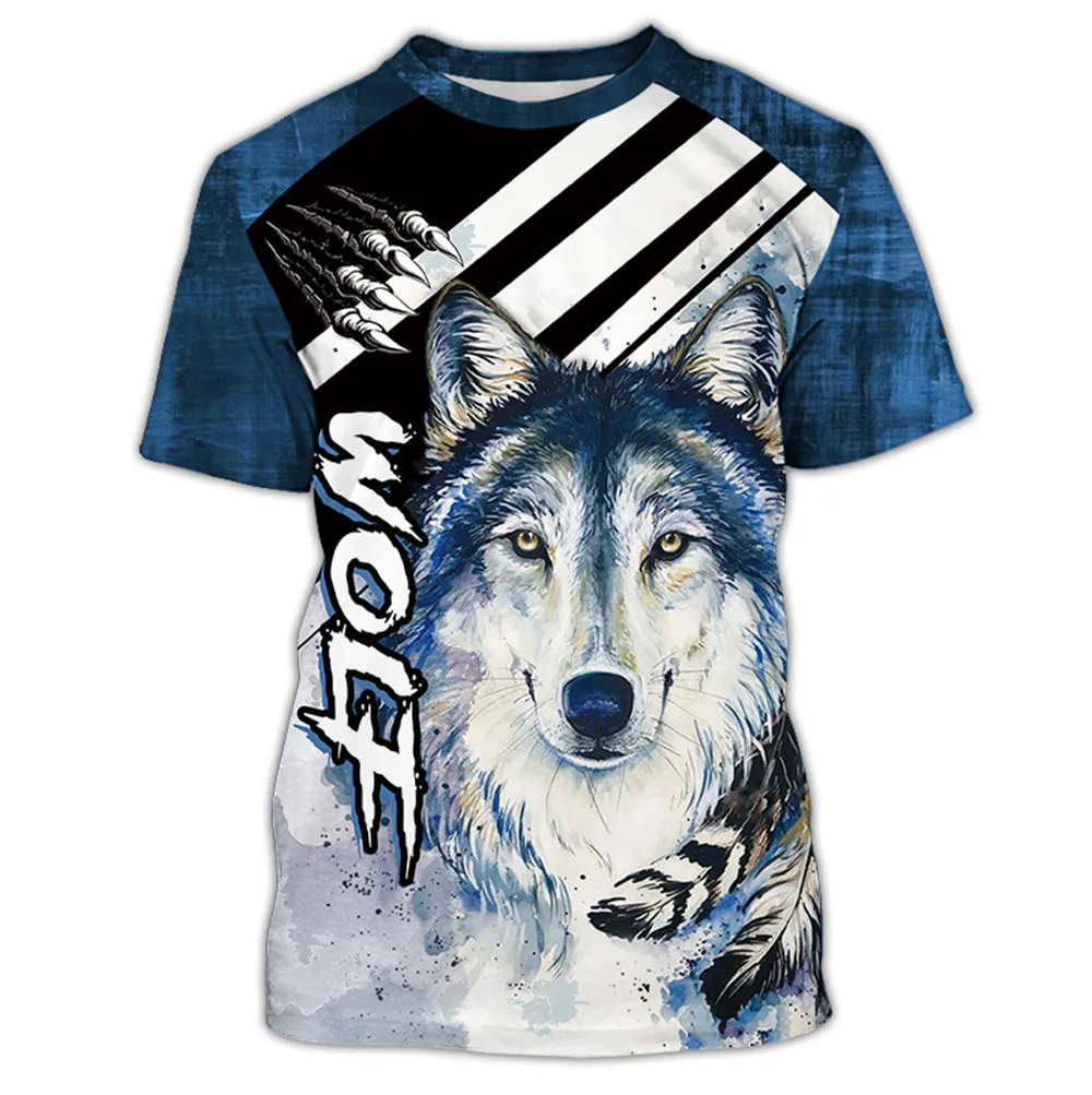 

Stitching design white wolf print men's casual short-sleeved T-shirt