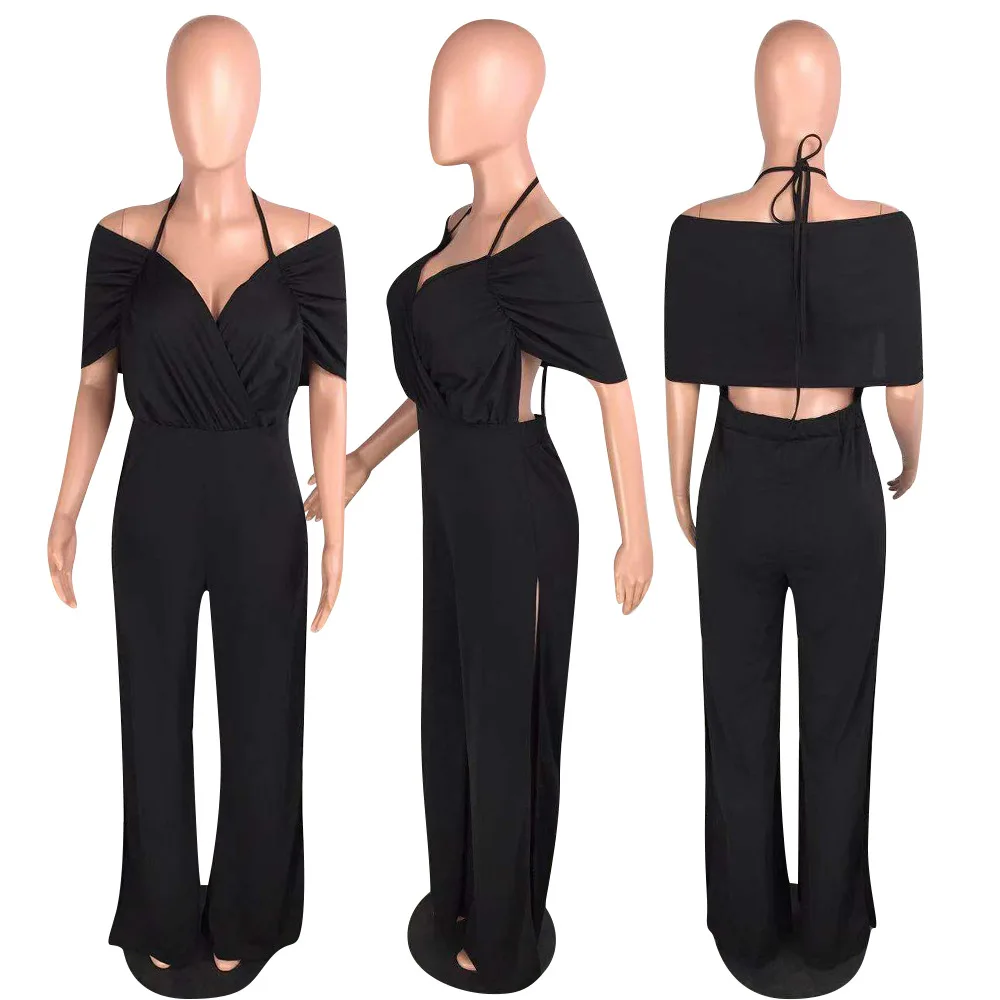 

Backless Sexy Wide Leg Jumpsuits for Women V Neck Ruffles Waist Band Cut Out Black Playsuit Short Sleeve Party One Piece Overall