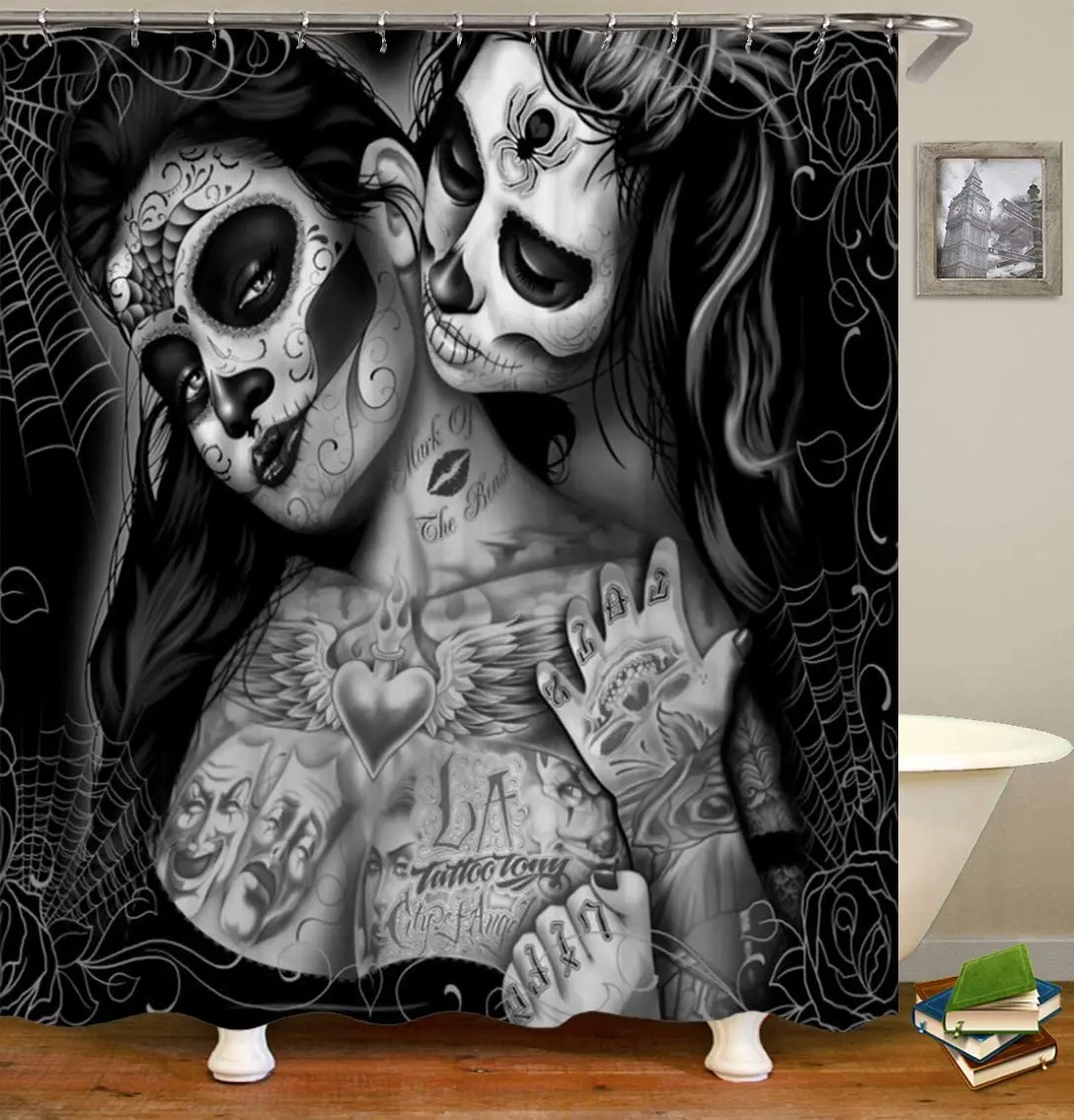 

Halloween Skull Girls with Tattoo Day of The Dead Black Gray Fabric Bathroom Curtains