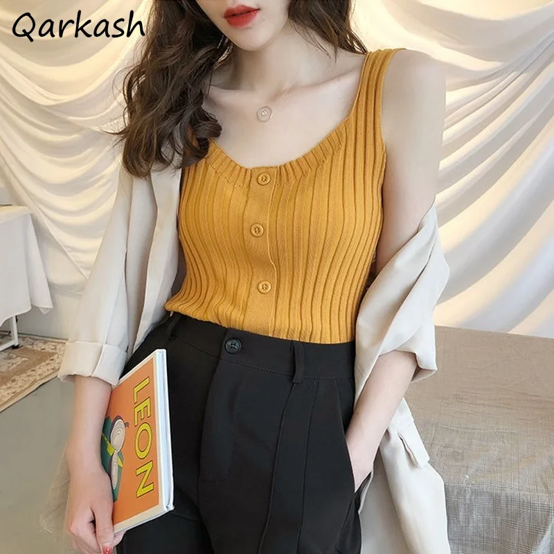 

Tanks Women Knitted Simple Single Breasted Sweet Summer All-match Fashion New Mujer Cute Tank Tops Sleeveless Solid Korean Style