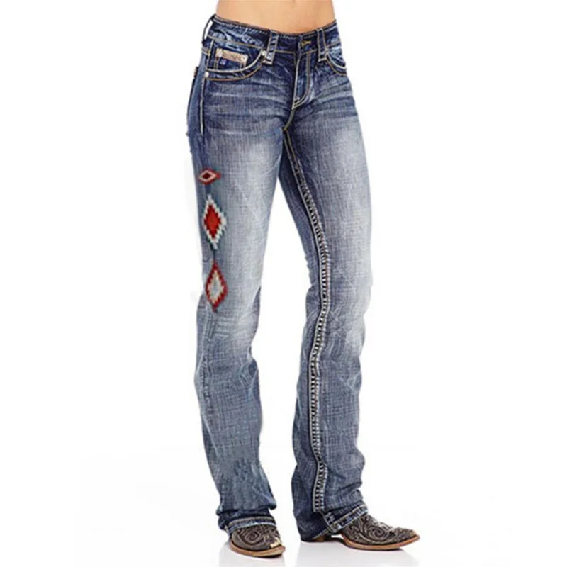 

Ladies Womens Casual Embroidery Bootcut Straight Leg Jeans Denim Pants Trousers