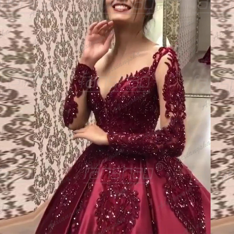 Женское вечернее платье с блестками Fanshao бордовое Прозрачное круглым вырезом и
