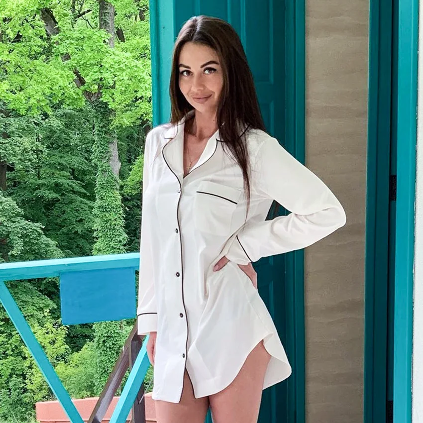 

Women's Pajamas, White Satin Lapels, Long-Sleeved Pajamas, Autumn New Cardigan, Contrast Color, Simple Home Service Pajamas