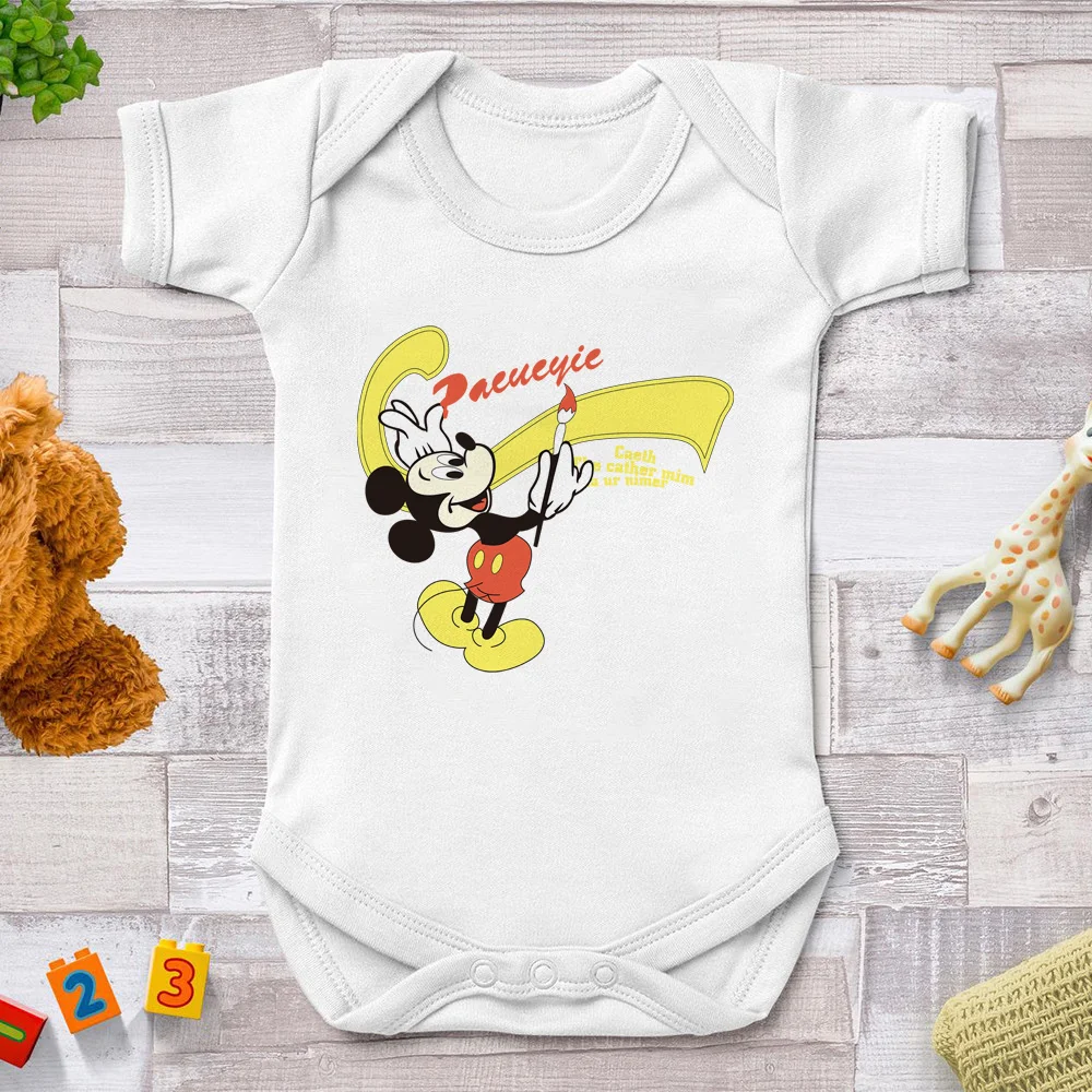 

Cute Baby Rompers Newborn Summer White O-neck Mickey Mouse Printed Jumpsuits Body Girl Suit Short Sleeve Infant Toddler Playsuit