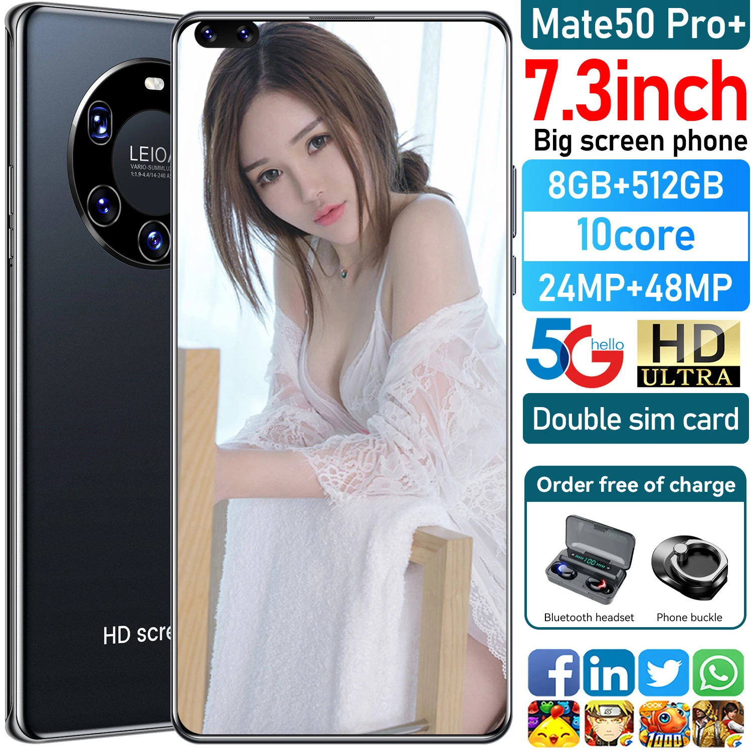 

Global Version Mate50 Pro+ 7.3 Inch HD 24+48MP Smartphone 12+512GB 6000mAh Face-recognition Mobile Phone Unlocked Cell Phone