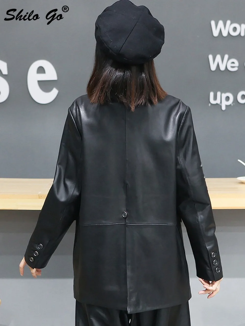 

Notched Neck Solid Single Button Plus Blazer Women Winter Streetwear Zipper Detail Genuine Leather Coat Casual Sheepskin Outwear