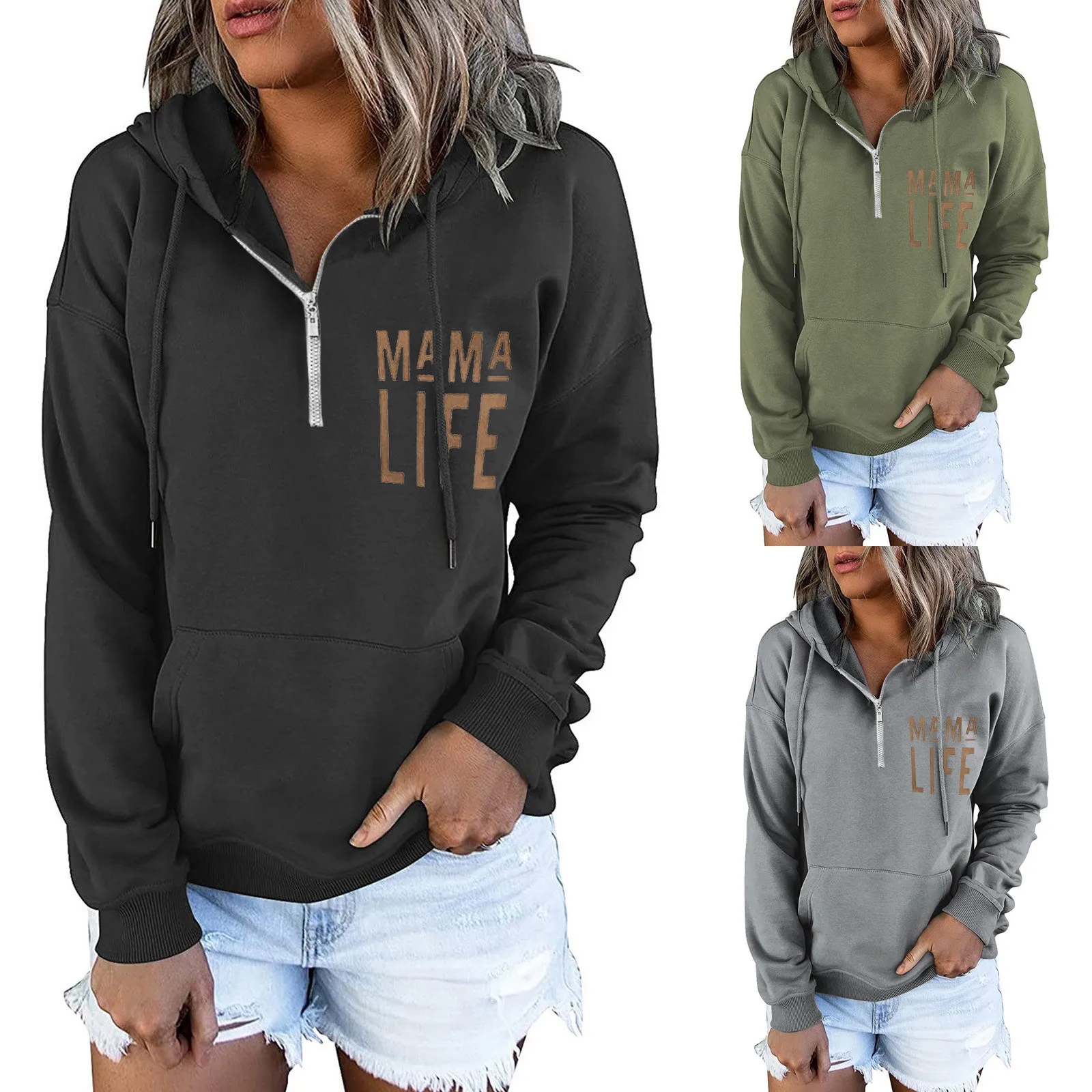 

Women Simple Prints Hoodies Sweatshirts Long Sleeve Casual Zipper Pullover Clothes With Pocket High Quality Top #H