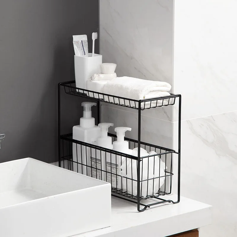 

Double Layer Kitchen Storage Shelf Pull-out Drawer Spice Jars Organizer Dish Drying Stand Bathroom Shelves Shower Storage Basket