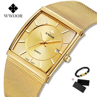 wwoor luxury japan movement gold watch men square ultra thin watch man quartz steel waterproof mens wristwatch relogio masculino
