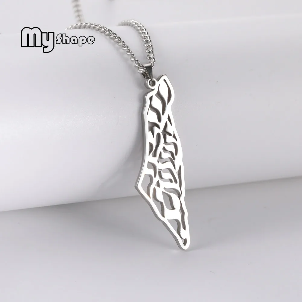 My Shape Palestine Israel Map Pendant Necklaces For Men Women Hebrew Stainless Steel Necklace Choker Vintage Ethnic Male Jewelry