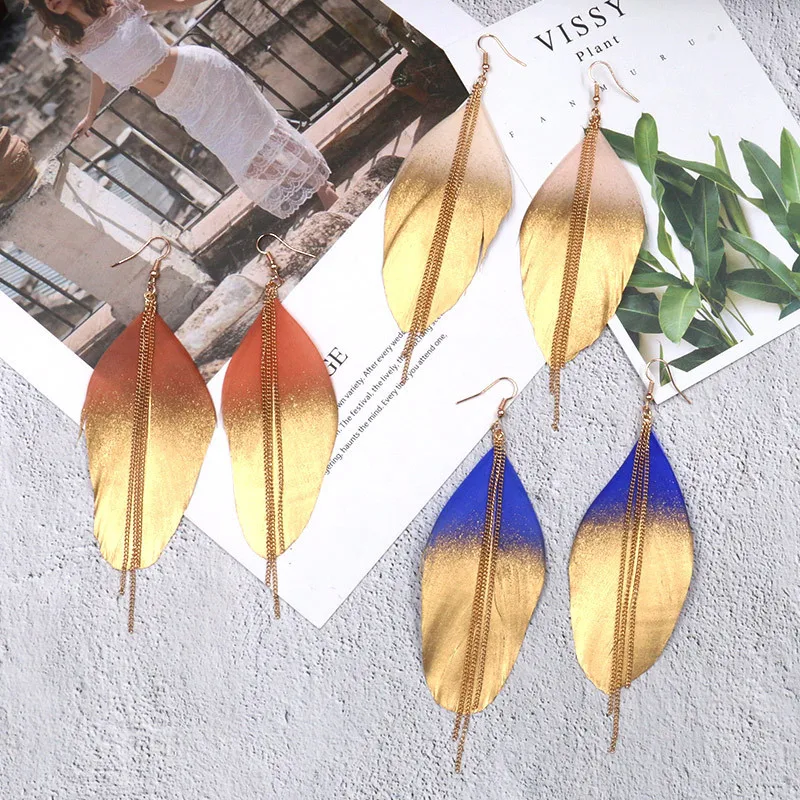 

1 Pair 2021 New Fashion Gold Colorful Sequin Feather Earrings Long Chain Leaf Ear Hooks Female Accessory