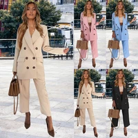 2021 women two piece set satin rose red vintage office lady double breasted blazer female elastic high waist pants suits