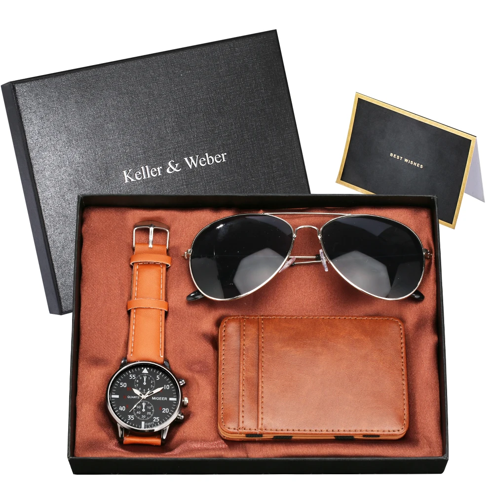 

Men's Gift Set with Box Quartz Watches Magic Card Pack Fashion Sunglasses High Quality Men Wristwatch Gifts for Father Boyfriend