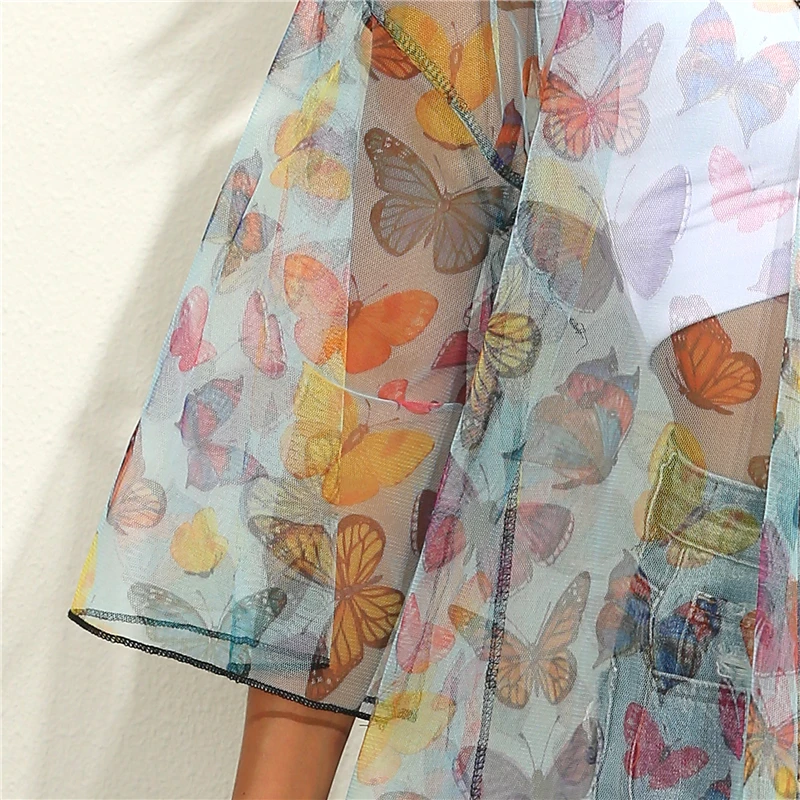 

Fors Butterfly print swimsuit cover up Transparent swim dress Long sleeve summer beach dress See through cover-ups Beach wear