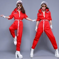 red jazz dance jumpsuit sexy nightclub female singer street hip hop cheerleader performance wear clothing stage outfit