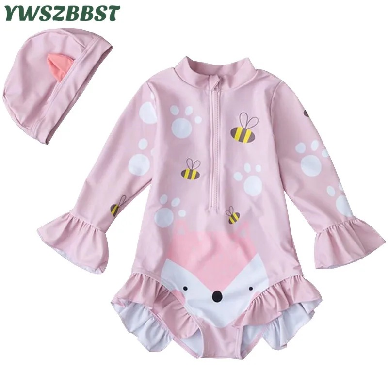 

Summer Style Girls Swimwear Lotus leaf Girls Long sleeves Swimming Suits with Cap Children quick-drying Swimwear Beach wear