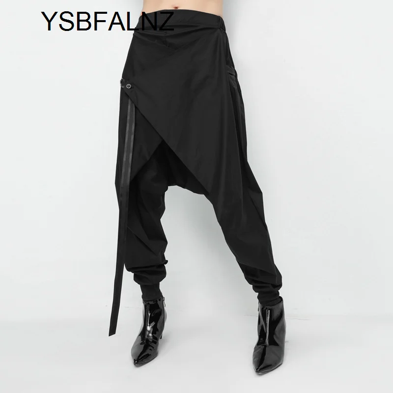 

2021 Spring Autumn High Elastic Waist Loose Black Ribbon Split Joint Harem Pants Women Trousers Fashion Tide Pantalon Pour Femme