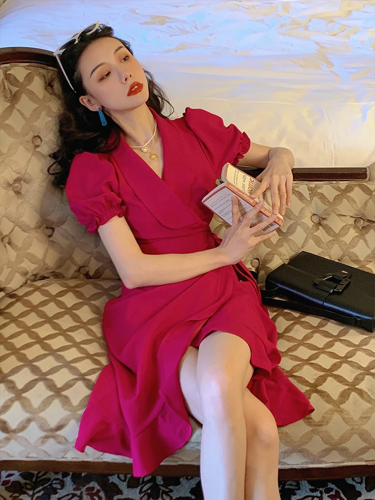 

Summer V Neck Print Wrap Dress Women Boho Ruffle Short Sleeve Office Lady Casual Wear Clothes Vestidos