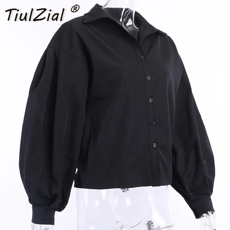 

TiulZial Long Sleeve Puff Shirt Women 2020 Button Fashion Turlteneck Blouse And Top Loose White Shirt Lady Black