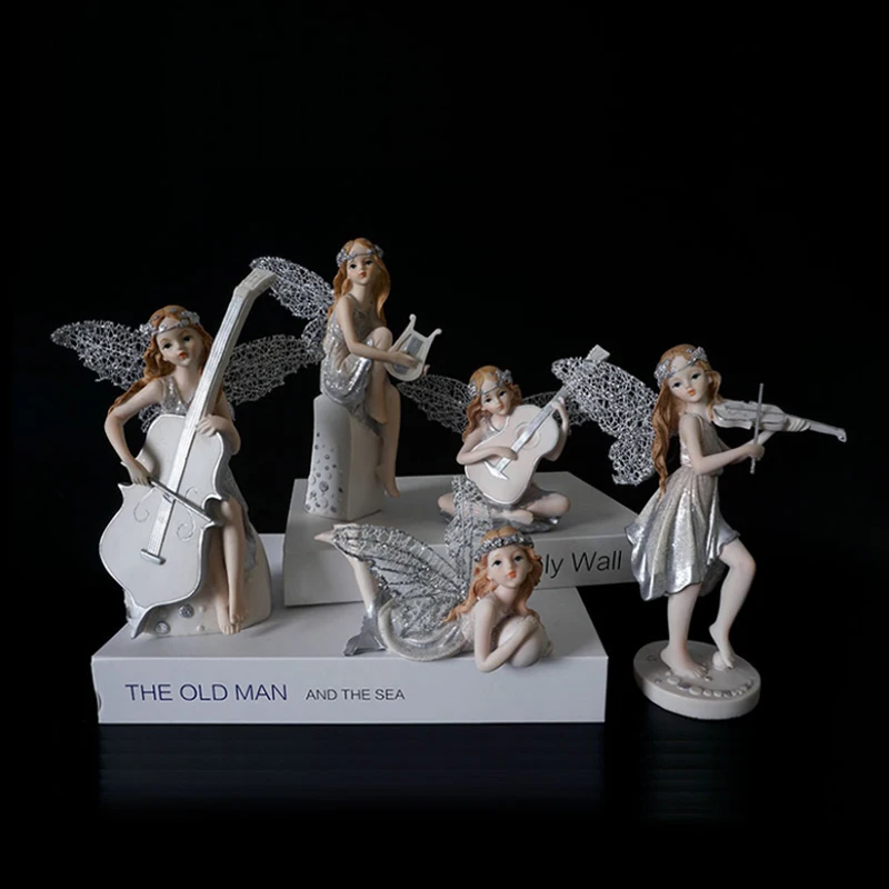 

European Musical Instrument Girl Figurines Girl Playing Guitar Resin Crafts Ornaments Angel Statue Music Elf Fairy Decoration