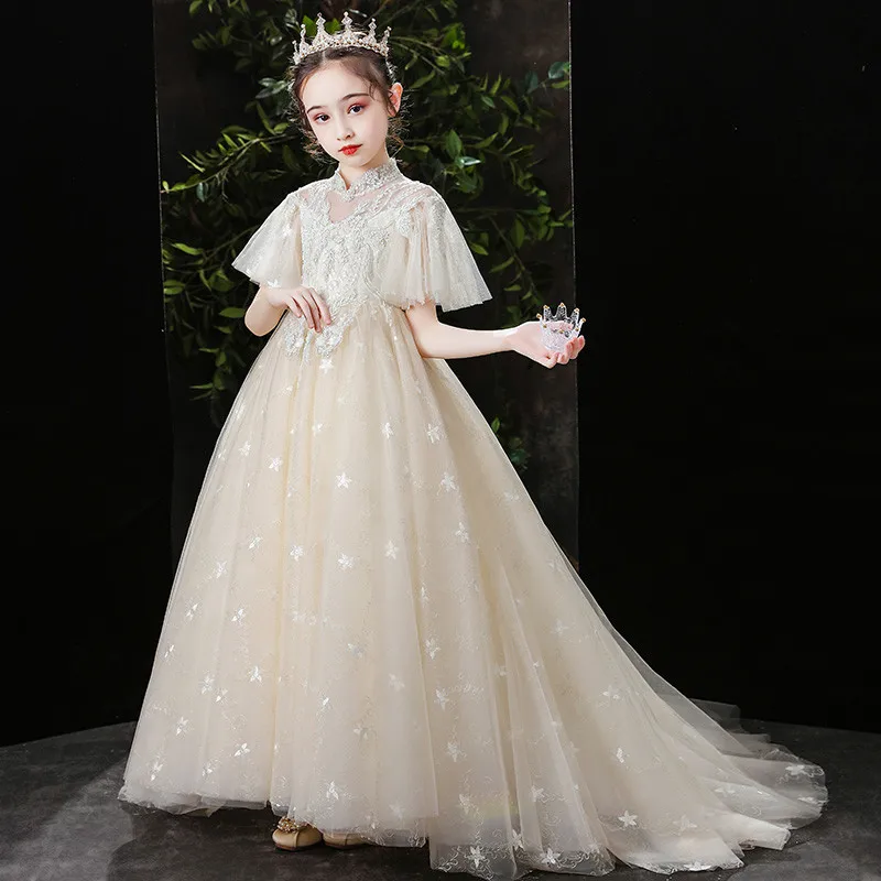 

2022 Luxury New Children Model Show Catwalk First Communication Princess Long Tail Dress Girls Kids Evening Party Birthday Dress