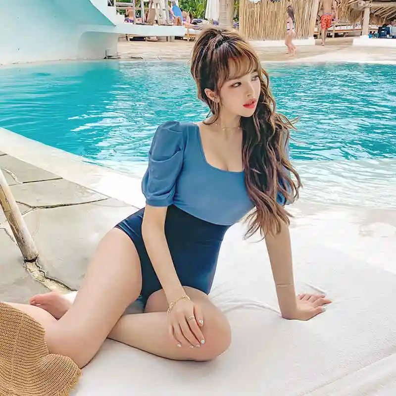 Новый Популярный слитный купальник в Корейском стиле Женский однотонный с