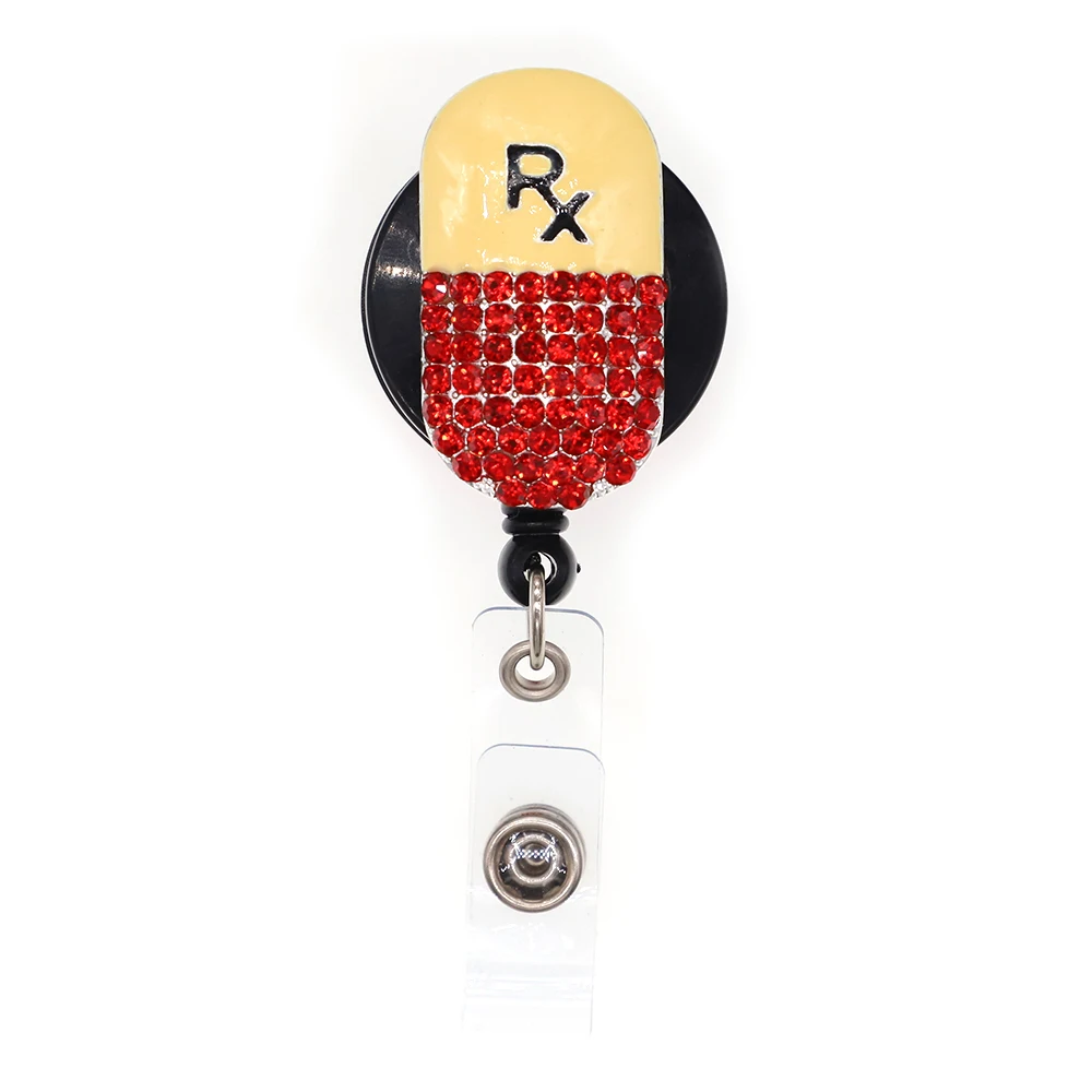 

10 шт./лот Бесплатная доставка Новый медицинский Красный горный хрусталь выдвижной держатель для таблеток медсестра RX значок катушка