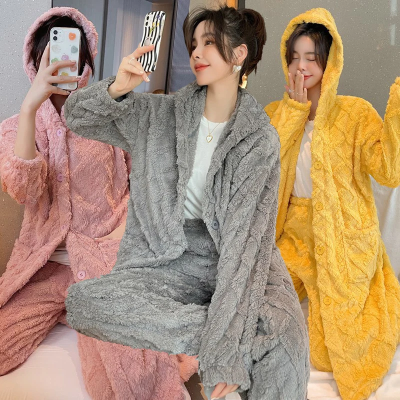 

2021 Winter Plus Size Long Sleeve Hooded Thick Warm Flannel Pajama Sets for Women Coral Velvet Robes Sleepwear Homewear Clothes