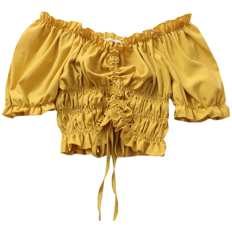 

2021 Spring and Summer New Floral Off-shoulder One-word Neck Wooden Ears Fold Drawstring Short Puff Sleeve Shirt Shirt Women