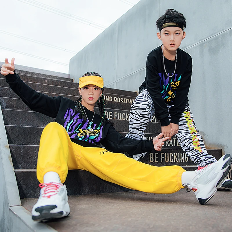 

2020 Fashion Hip Hop Clothes For Boys Girls Black T-Shirt Yellow Pants Loose Stage Show Costume Jazz Dance Practice Clothing