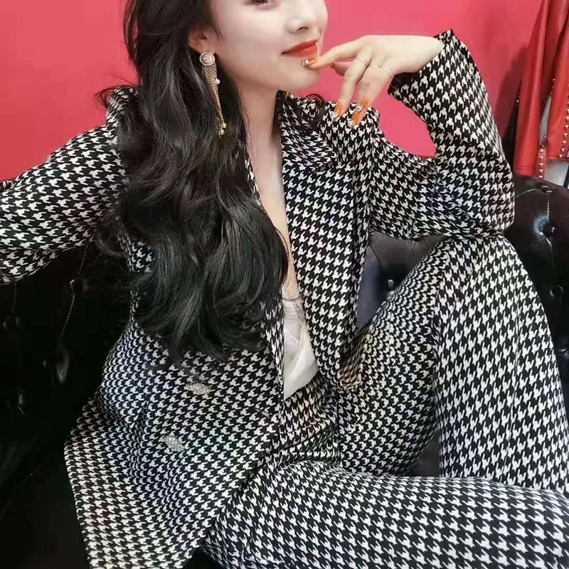 

Women Slim Fit Double Breasted Blazer Flare Suit Pants Office Ladies Plaid SuitS Set Female Designer Elegant Matching Set Outfit