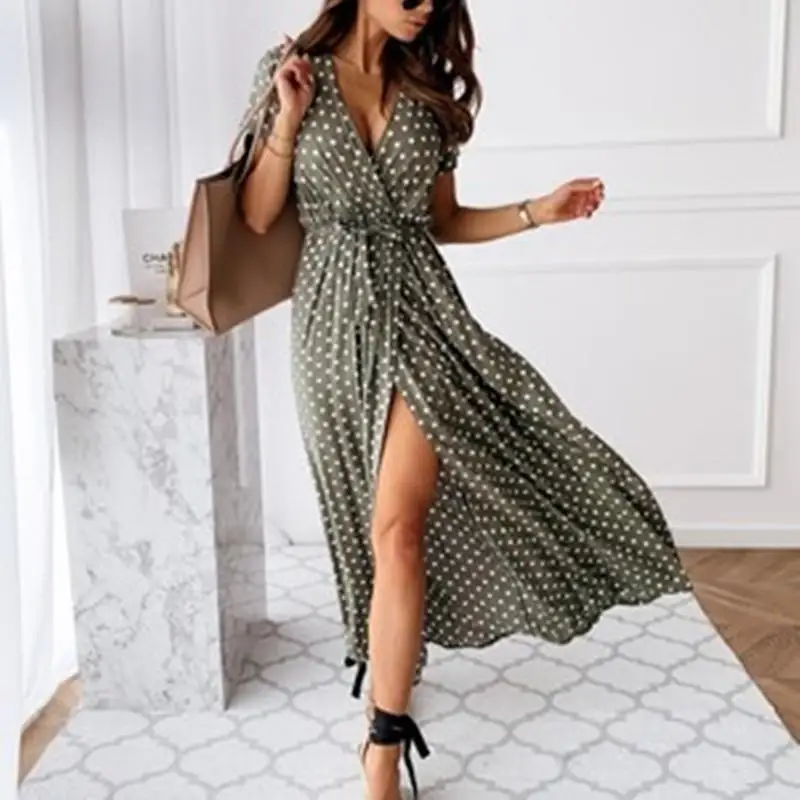 Женское платье с коротким рукавом ZITY модное богемное в горошек v образным вырезом