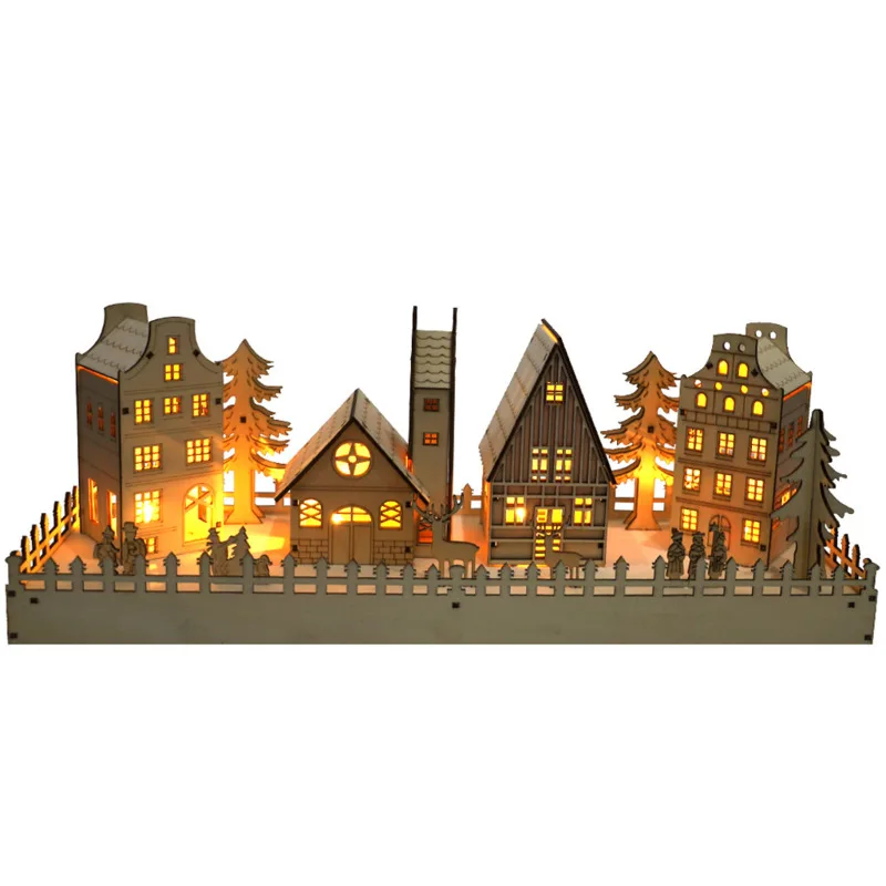 

Creative Christmas Wooden Village House Scene LED Lighted Luminous Xmas Tree Reindeer DIY Blank Ornament Holiday Desktop Decor