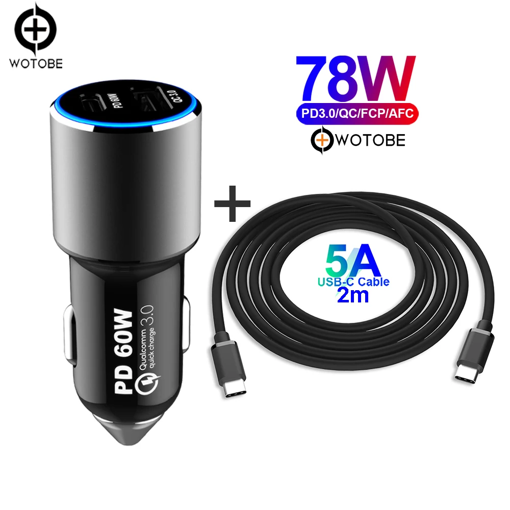 Cable 78W Charger 78 Вт супер быстрое автомобильное зарядное устройство, 1 порт PD60W/45 W/30 W/18 W, 1 порт QC3.0 для USB C Thunderbolt 3 интерфейс ноутбука зарядки планшета/iphone11 - Тип штекера: Cable 78W Charger
