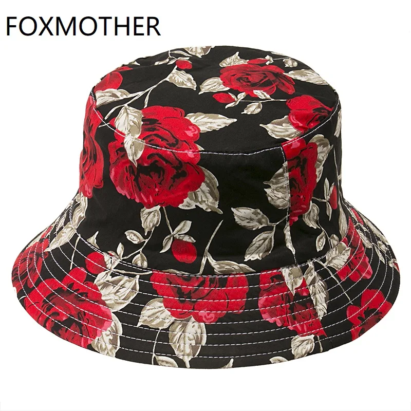 

FOXMOTHER New Fashion Reversible Flower Rose Bucket Hats For Women Mens Bob chapeau Femme Floral Panama Hat Fisherman Caps