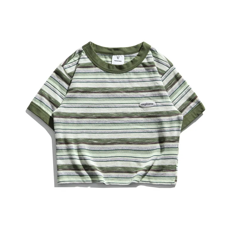 

Color Contrast Stripe College Style Short Sleeve T-shirt Women Summer Short Cool Navel Top Men's Fashion