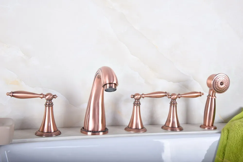 

Antique Red Copper Brass Widespread Three Handles Deck Mounted 5 Holes Bathroom Tub Faucet Mixer Tap With Handshower mtf195