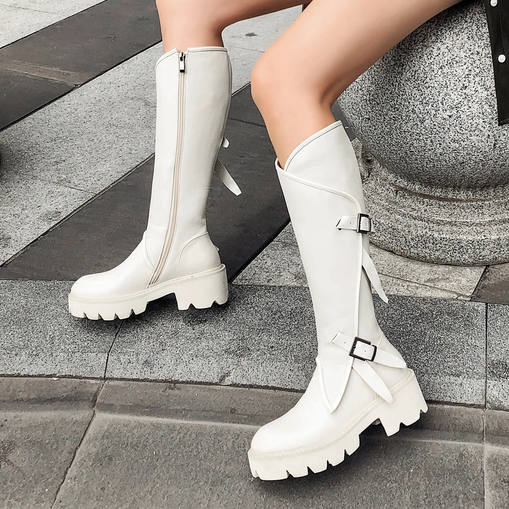 

RIBETRINI Genuine Leather Ladies Brand Punk Motocycle Boots Buckle Platform Chunky Winter Boots Women Fashion Shoes Woman