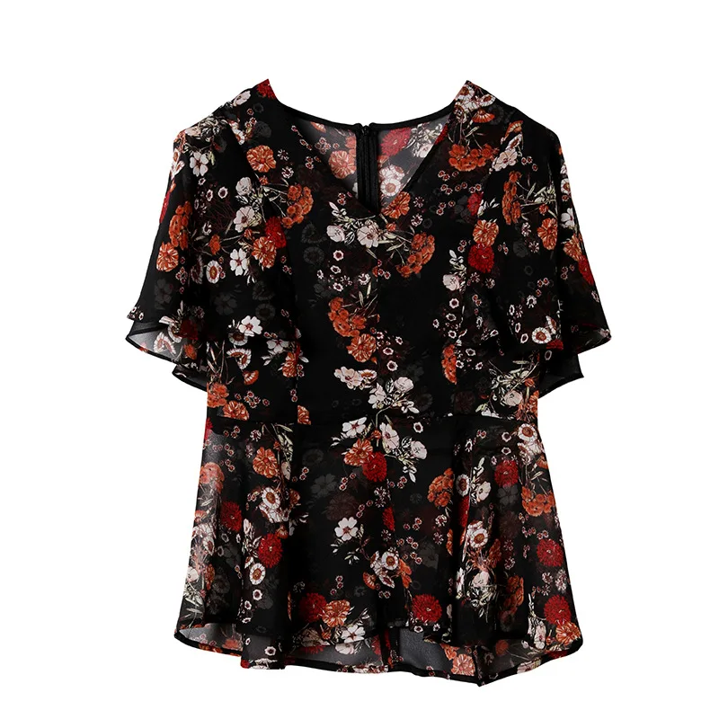 

Chiffon T-shirt women's 2021 new V-neck lotus sleeve waist closed cover belly show thin foreign style small shirt printed