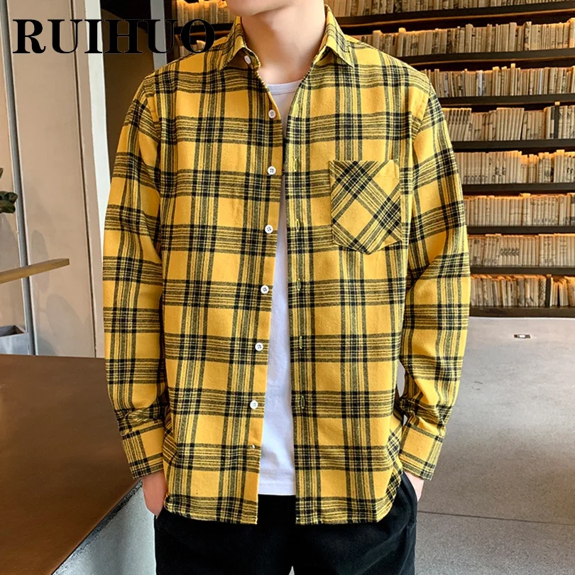 

RUIHUO Plaid Shirt Men Clothing Designer Vintage Clothes Men Long Sleve Shirt 4XL 2021 Autumn New Arrivals