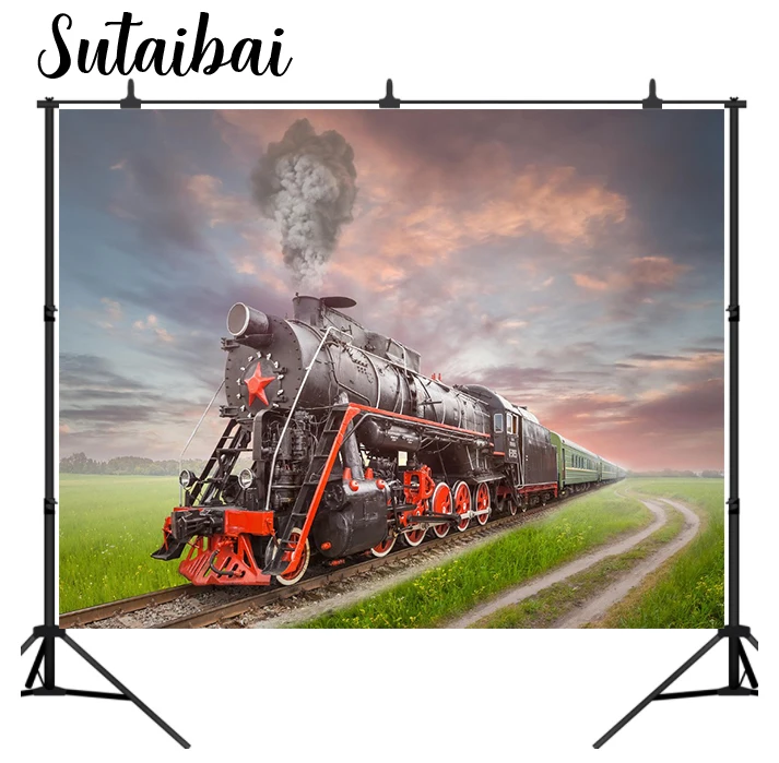 

Steam Train Railway Spring Field Scenery Photography Backgrounds Custom Photographic Backdrops for Photo Studio