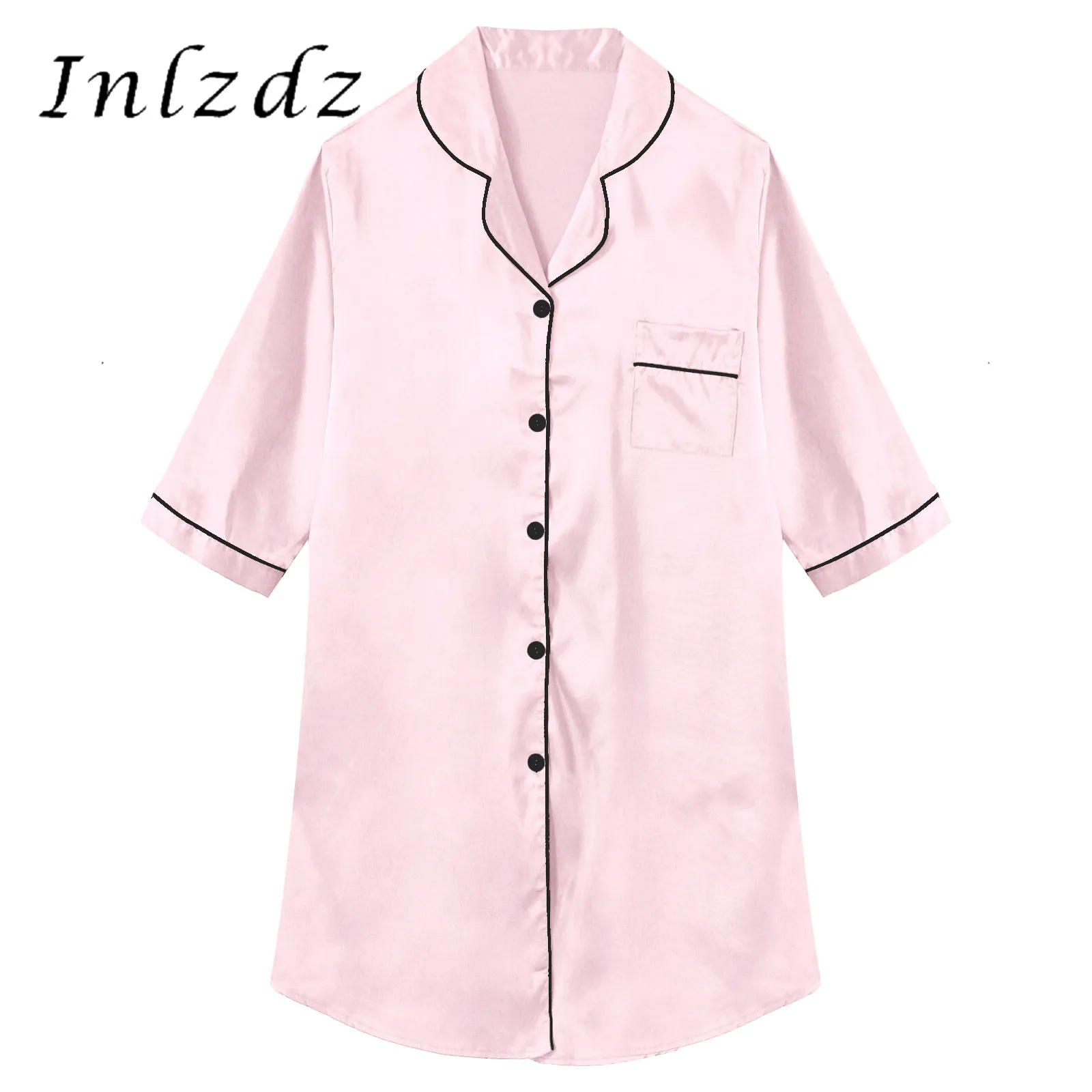 

Womens Ladies Loungewear Nightgown Button Down Nightdress Spring Autumn Sleepshirts 3/4 Sleeve Notched Lapel Satin Shirtdress