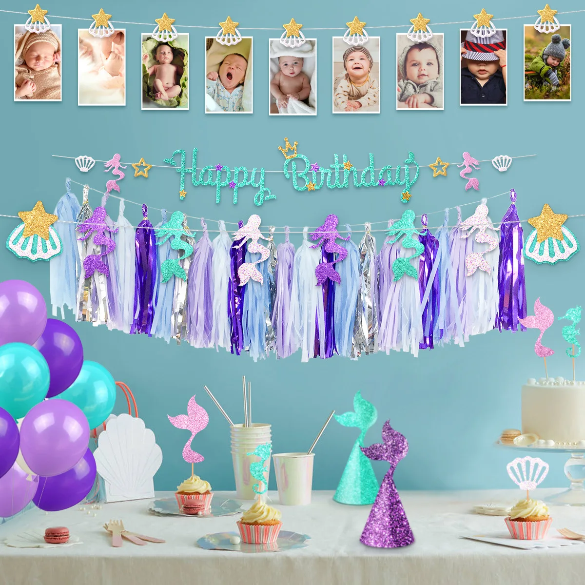 

Mermaid Party Latex Balloons Paper Banner Tassel Cupcake Toppers Hat Baby Birthday Party Decoration Baby Shower Party Supplies