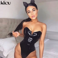 kliou black pu leather strapless backless sexy bodysuit women tops faux fashion streets jumpsuit black casual body mujer femme