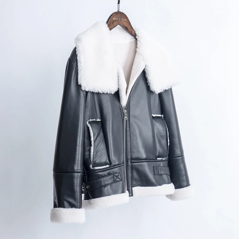 Genuine motorcycle sheepskin leather jacket Real fur plus size sheep shearing coat womens tops and blouses 2020 new fashion