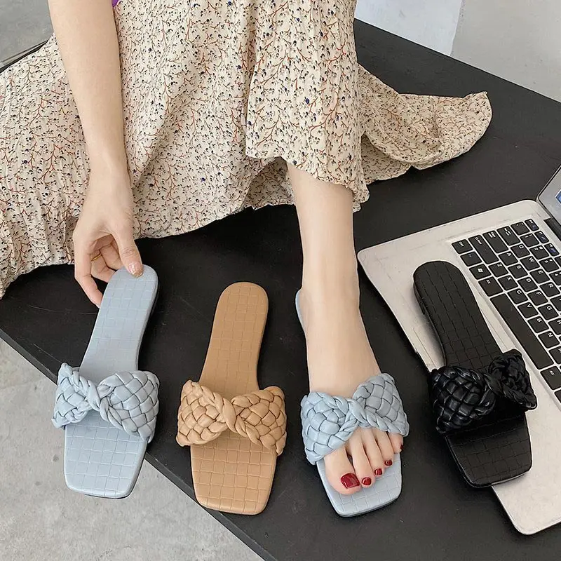 

Women's Square Toe Slippers Women Weave Bow Female Casual Slipper Summer Fashion Slides Ladies Outdoor Flat Sandals 2021