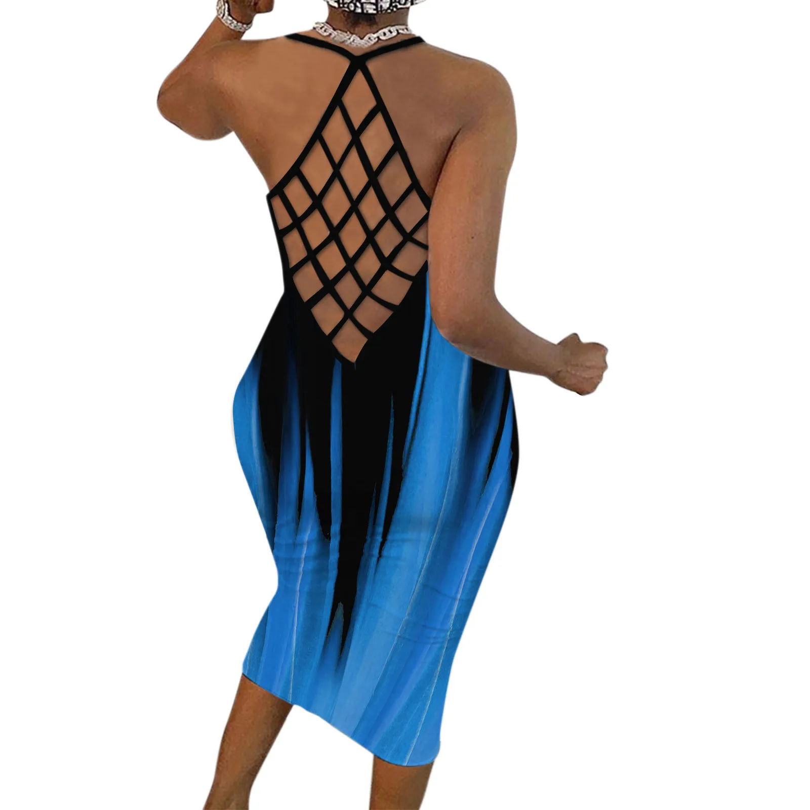 

Splicing Fishnet Backless Sleeveless Skinny Maxi Dress Elegant Women Evening Party Dresses Solid Bodycon Sheath Clubwear 615#G