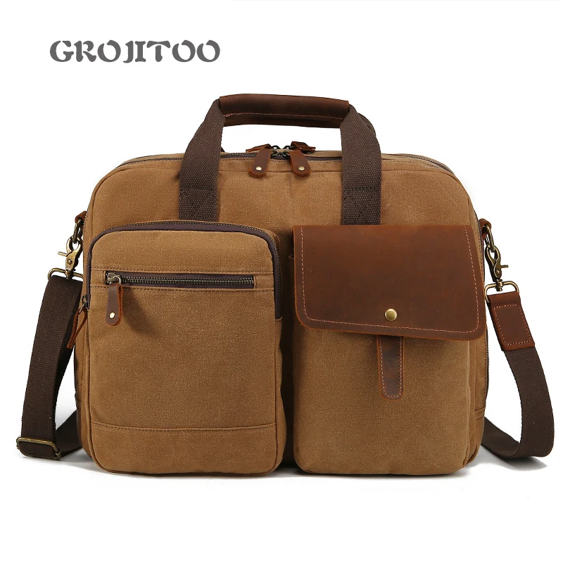 GROJITOO New portable straddle briefcase oil wax canvas bag single shoulder computer bag for men large capacity canvas briefcase