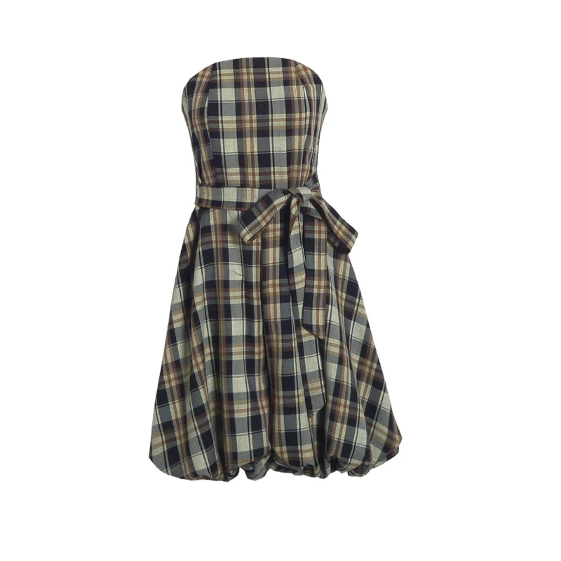 

Retro Sweet Plaid Bandage Slim Waist Jumpsuit Strapless Simple Playsuits Japan Style Backless Sexy Summer 2021 Short Bodysuit
