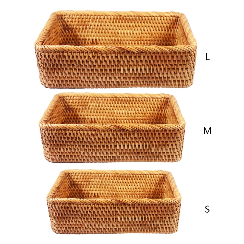 

Rectangular Hand-woven Basket Rattan Candy Storage Picnic Tray Food Bread Dishes